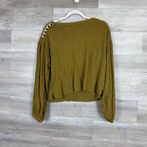 Free People Olive Green Embroidered "Aries" Balloon Sleeve Top - Size L - Picture 3 of 9
